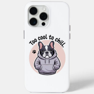 Cute bulldog wearing a hoodie with the text iPhone 15 pro max case