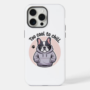 Cute bulldog wearing a hoodie with the text iPhone 15 pro max case