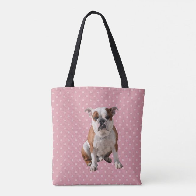 Cute Bulldog with pink Polka Dots background Tote Bag (Back)