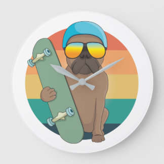 cute bulldog with skating board large clock