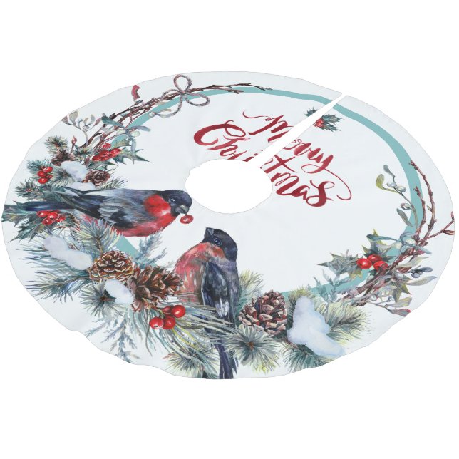 Cute Bullfinches Wreath- Merry Christmas Brushed Polyester Tree Skirt (Angled)