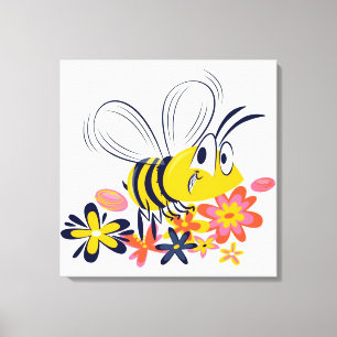 Cute Bumble Bee and Flowers Canvas Print