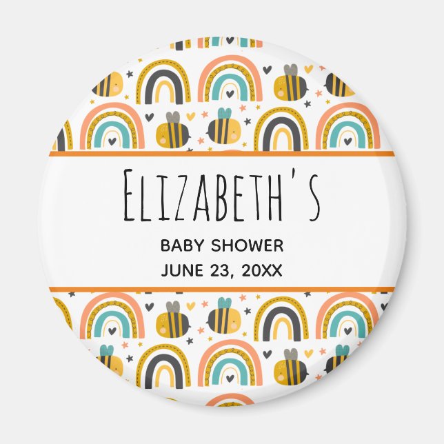 Cute Bumble Bee and Rainbows Pattern Baby Shower Magnet (Front)