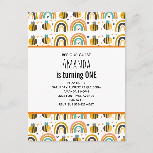 Cute Bumble Bee and Rainbows Pattern Birthday Invi Invitation Postcard (Front)