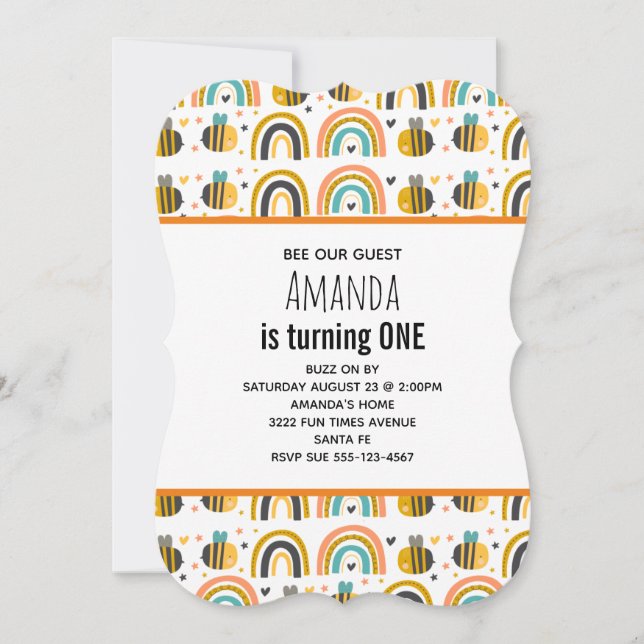 Cute Bumble Bee and Rainbows Pattern Birthday Invitation (Front)