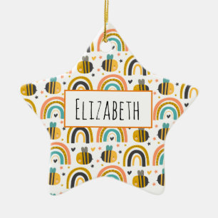 Cute Bumble Bee and Rainbows Pattern Ceramic Tree Decoration