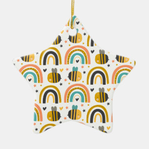 Cute Bumble Bee and Rainbows Pattern Ceramic Tree Decoration