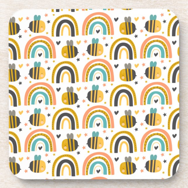 Cute Bumble Bee and Rainbows Pattern Coaster (Front)