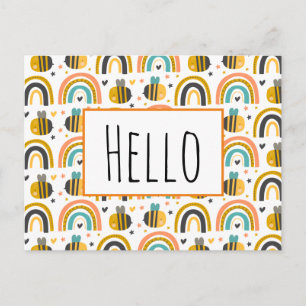 Cute Bumble Bee and Rainbows Pattern Hello Postcard