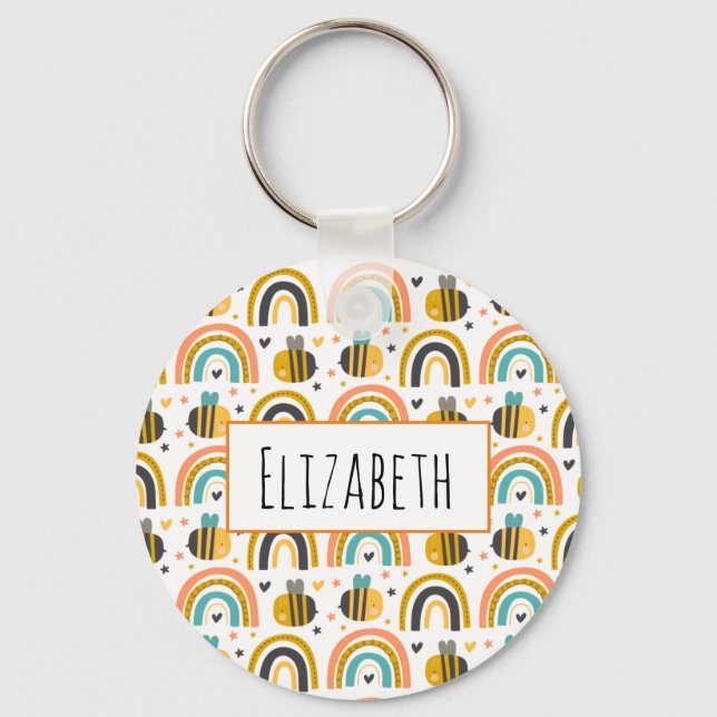 Cute Bumble Bee and Rainbows Pattern Key Ring (Front)