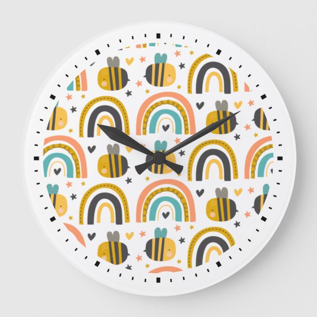 Cute Bumble Bee and Rainbows Pattern Large Clock (Front)