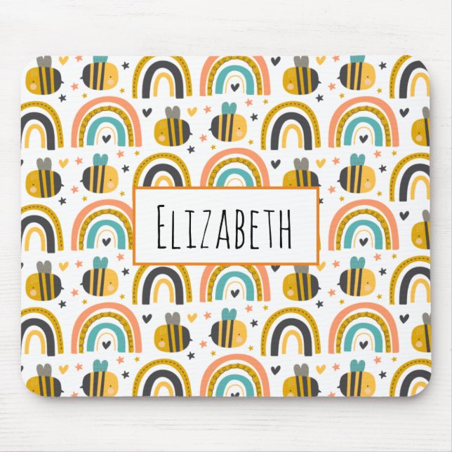 Cute Bumble Bee and Rainbows Pattern Mouse Mat (Front)