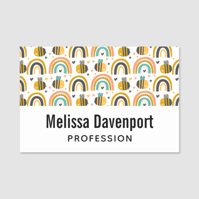 Cute Bumble Bee and Rainbows Pattern Name Tag (Front)