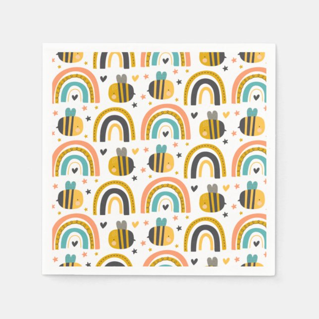 Cute Bumble Bee and Rainbows Pattern Napkin (Front)
