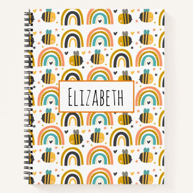 Cute Bumble Bee and Rainbows Pattern Notebook (Front)