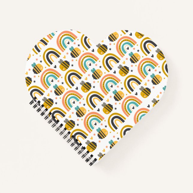 Cute Bumble Bee and Rainbows Pattern Notebook (Front)