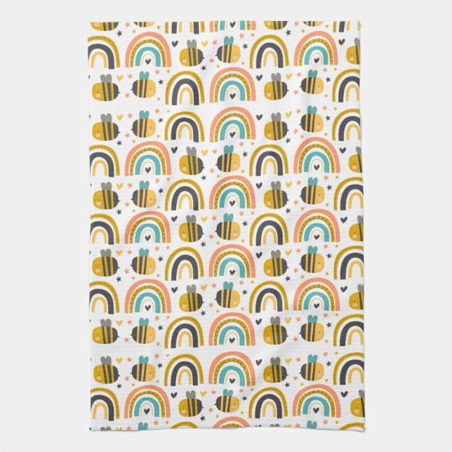 Cute Bumble Bee and Rainbows Pattern Tea Towel (Vertical)