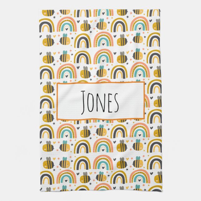 Cute Bumble Bee and Rainbows Pattern Tea Towel (Vertical)