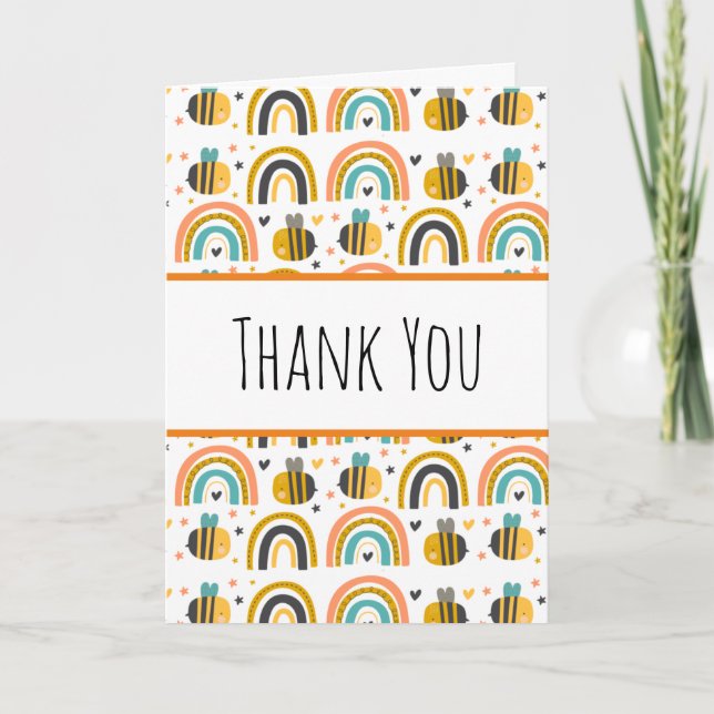 Cute Bumble Bee and Rainbows Pattern Thank You Card (Front)
