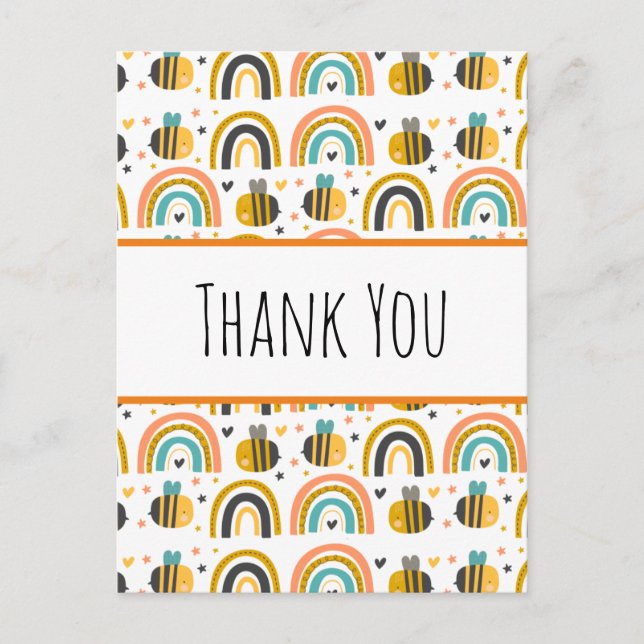 Cute Bumble Bee and Rainbows Pattern Thank You Postcard (Front)