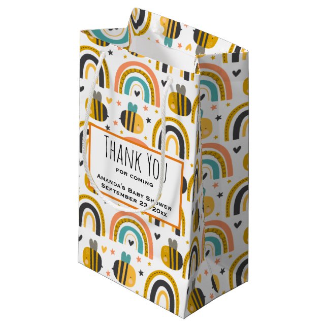 Cute Bumble Bee and Rainbows Pattern Thank You Small Gift Bag (Front Angled)