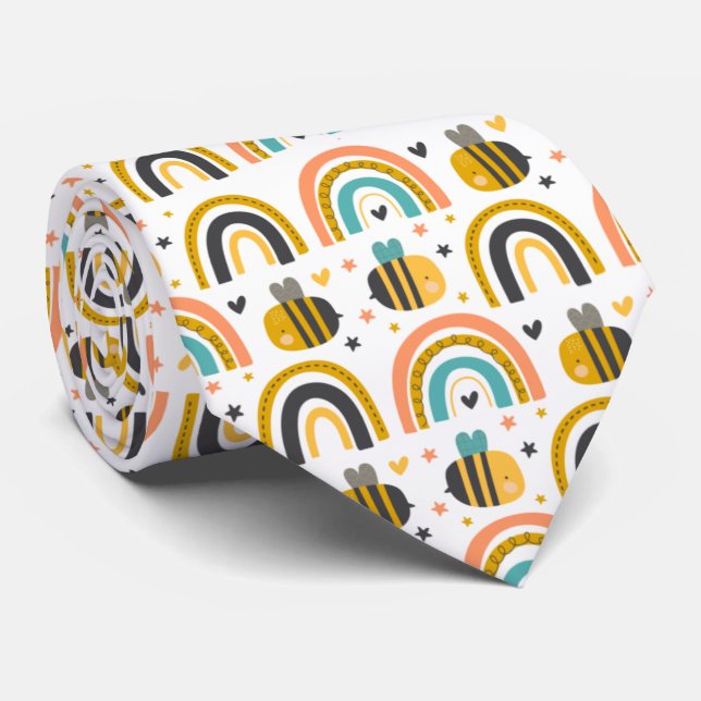 Cute Bumble Bee and Rainbows Pattern Tie (Rolled)