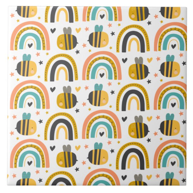 Cute Bumble Bee and Rainbows Pattern Tile (Front)