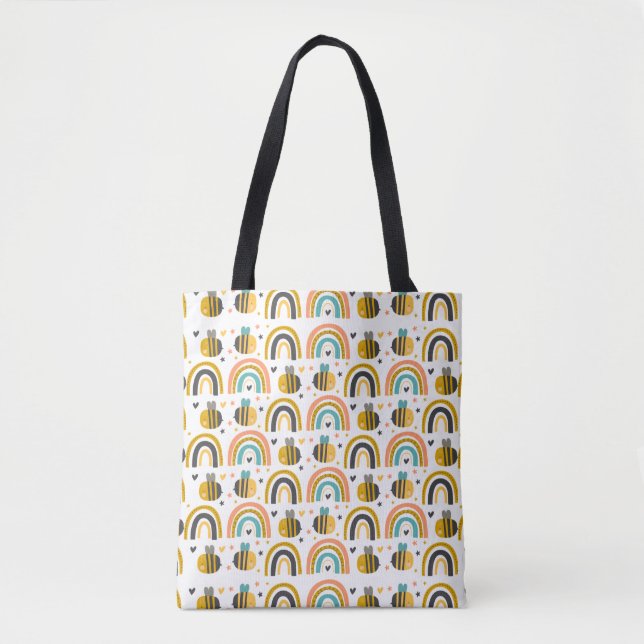 Cute Bumble Bee and Rainbows Pattern Tote Bag (Front)