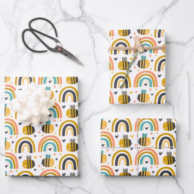 Cute Bumble Bee and Rainbows Pattern Wrapping Paper Sheet (Front)