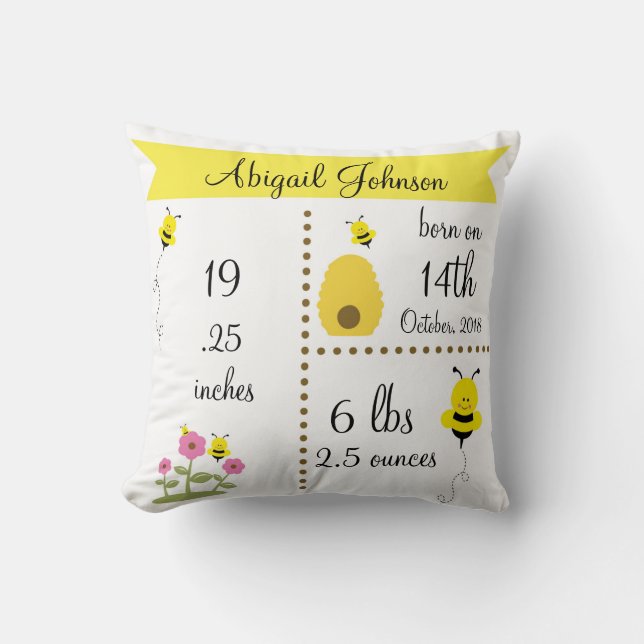 Cute Bumble Bee Baby Birth Announcement Pillow (Front)