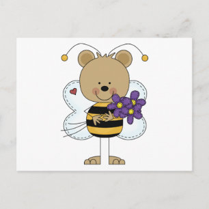 cute bumble bee bear with purple flowers postcard