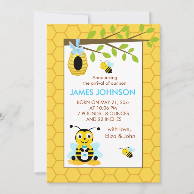 Cute Bumble Bee Boy Baby Birth Announcement Card (Front)