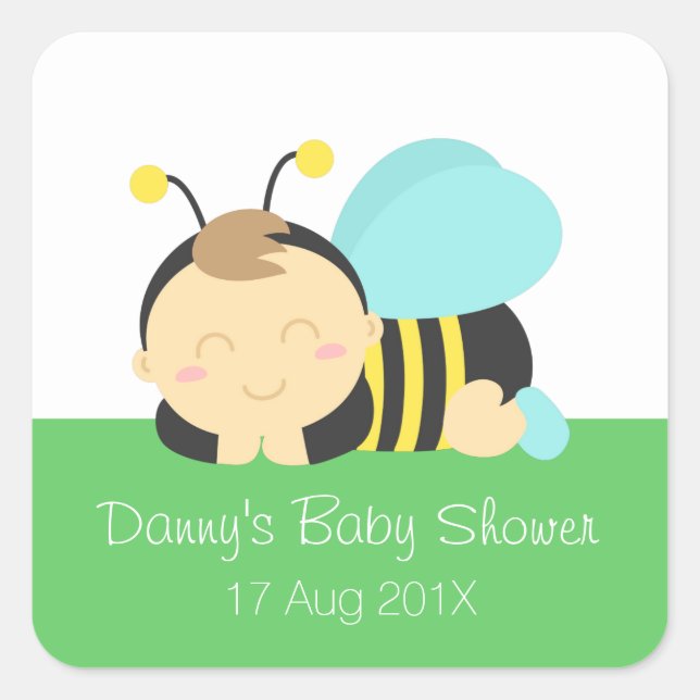Cute Bumble Bee Boy Baby Shower Square Sticker (Front)