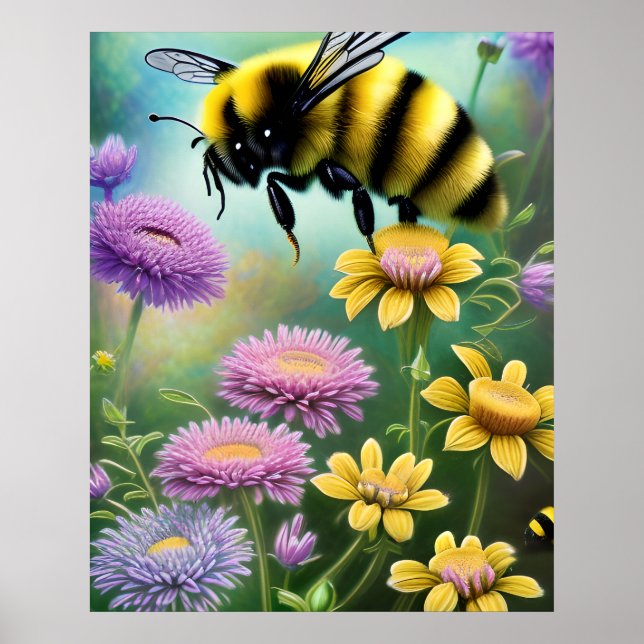 Cute Bumble Bee Floral Nature Art Poster (Front)