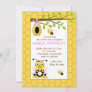 Cute Bumble Bee Girl Baby Birth Announcement Card