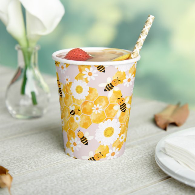 Cute Bumble Bee Honey Comb Yellow Baby Shower Paper Cups (Insitu)