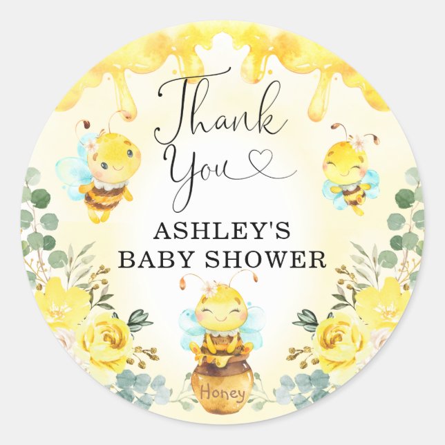 Cute Bumble Bee Honey Pot Floral Baby Shower Favou Classic Round Sticker (Front)