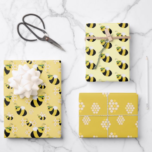 Cute Bumble Bee Honeycomb Pattern Baby Shower Wrapping Paper Sheet (Front)