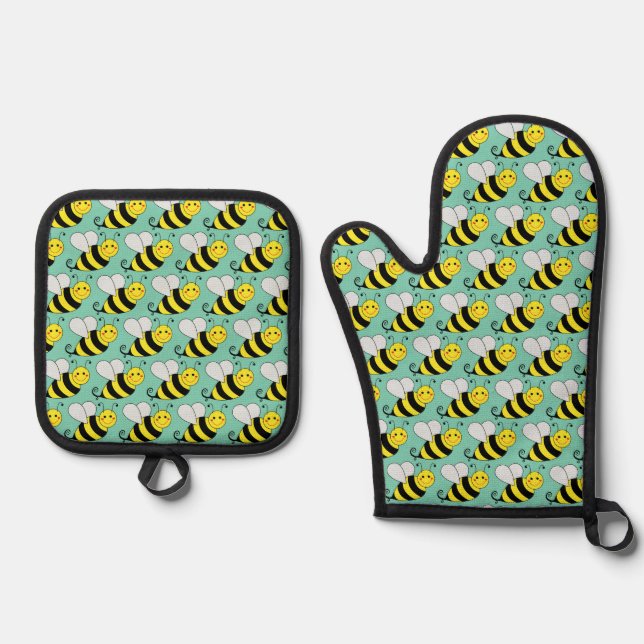 Cute Bumble Bee Pattern Oven Mitt & Pot Holder Set (Front)