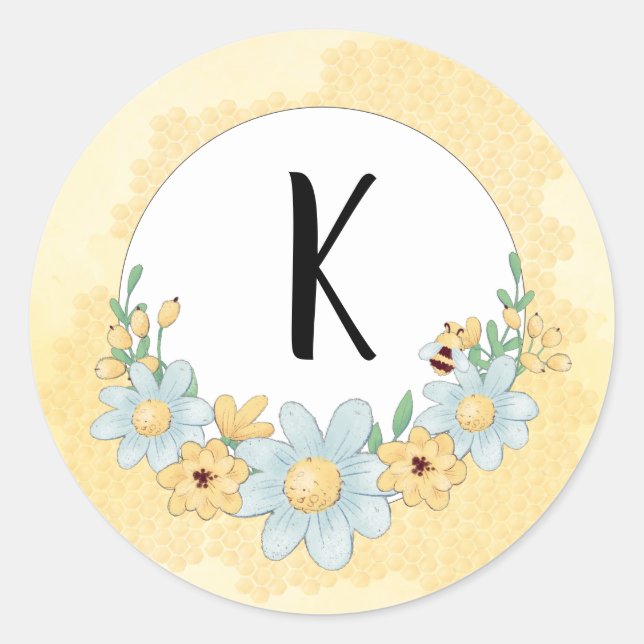 Cute Bumble Bee Pattern Yellow Monogram Classic Round Sticker (Front)