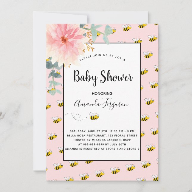 Cute bumble bee pink sunflowers baby shower invitation (Front)