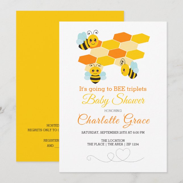 Cute Bumble Bee Triplets Personalised Baby Shower Invitation (Front/Back)