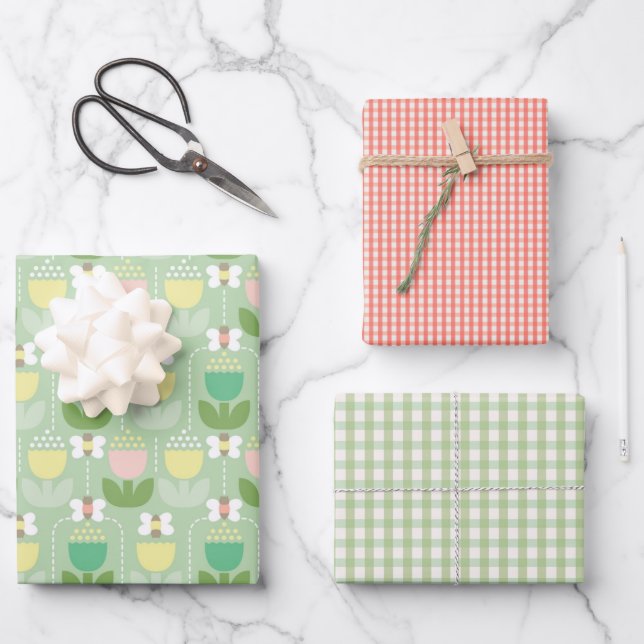 Cute Bumble Bee, Tulips & Gingham |  Pink &Green Wrapping Paper Sheet (Front)