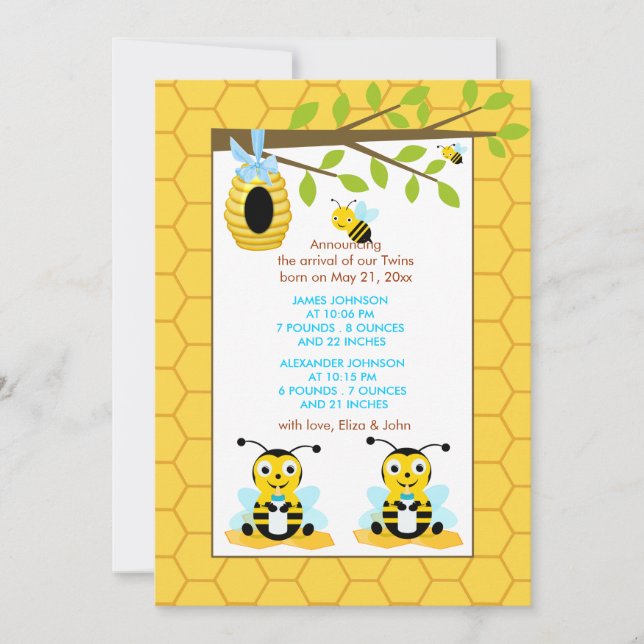 Cute Bumble Bee Twins Boy Baby Birth Announcement (Front)