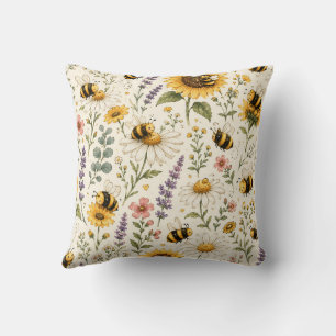 Cute Bumble Bee & Wildflower Pattern Cushion