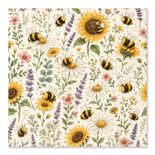 Cute Bumble Bee & Wildflower Pattern Wallpaper