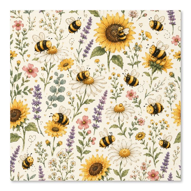 Cute Bumble Bee & Wildflower Pattern Wallpaper (Front)