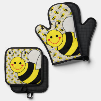 Cute Bumble Bee with Pattern Oven Mitt & Pot Holder Set