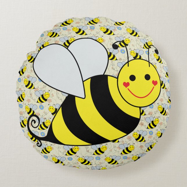 Cute Bumble Bee with Pattern Round Cushion (Front)