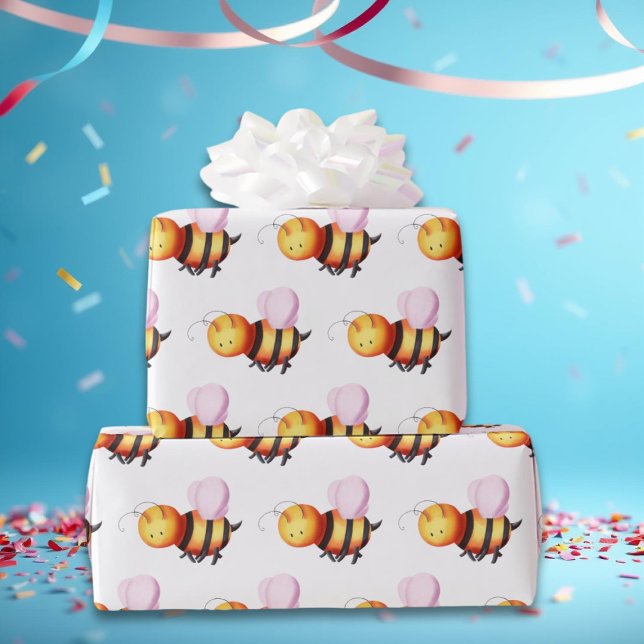 Cute Bumble Bee with Pink Wings Patterned Wrapping Paper (Creator Uploaded)